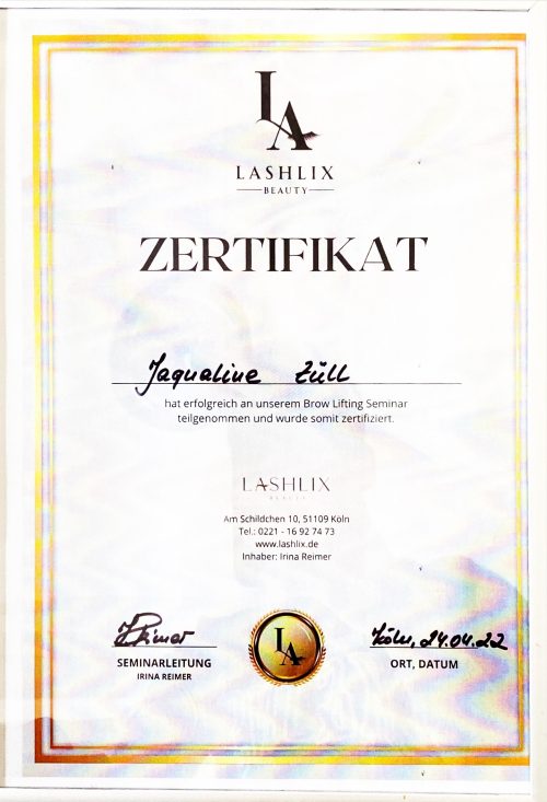 Jacqueline Züll - Zertifikat LASHLIX Brow Lifting Seminar